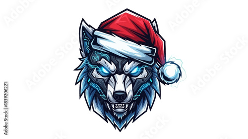 A cartoon wolf head mascot wearing a Santa hat on a white background with blue and gray fur, sharp teeth, and piercing blue eyes, in a graphic illustration.