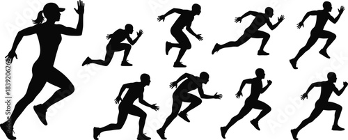 Running silhouettes of athletes sprinting in dynamic motion poses showing speed fitness action training runners jogging vector illustration sports set