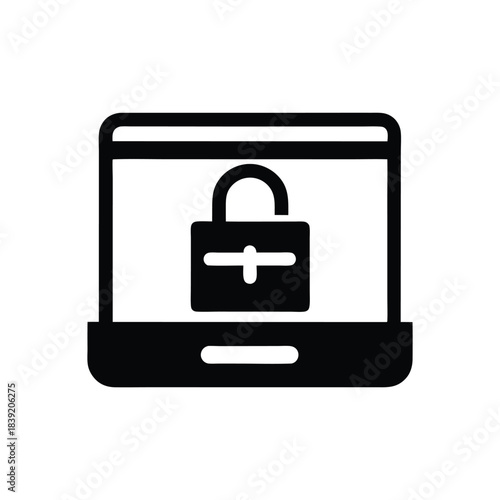 Isolated black laptop displays a prominent padlock symbol in a white screen background