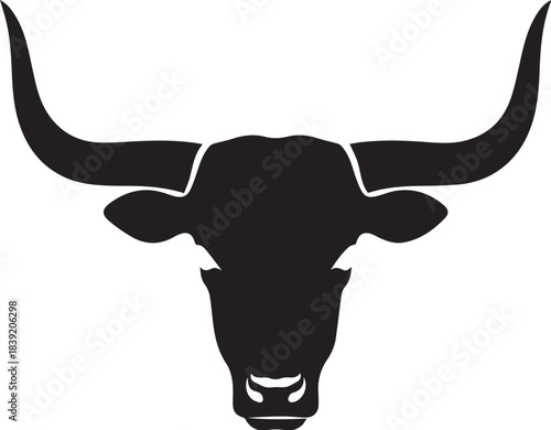 Black silhouette of a bull s head with long curved horns facing forward