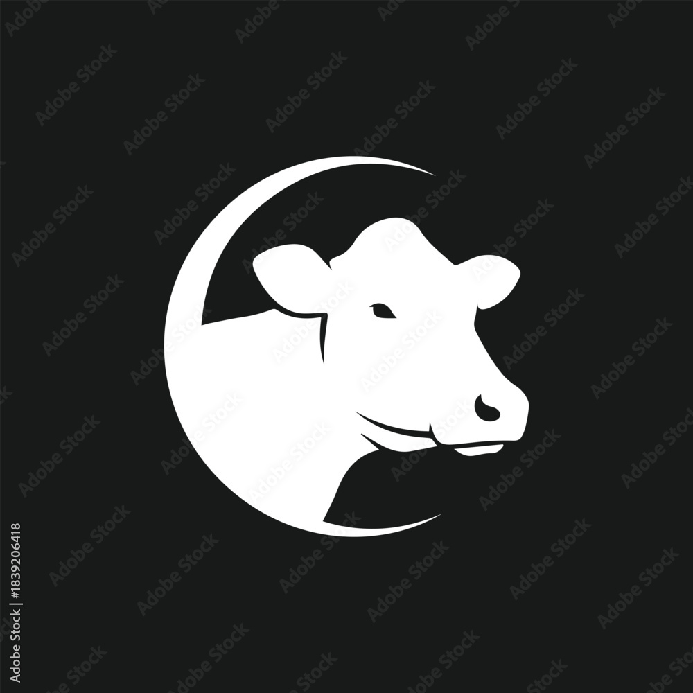 Obraz premium Minimalist white cow head silhouette inside a circular frame on a black background