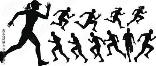 Running silhouettes of athletes sprinting in various dynamic poses showing motion action fitness training speed exercise sports illustration vector set