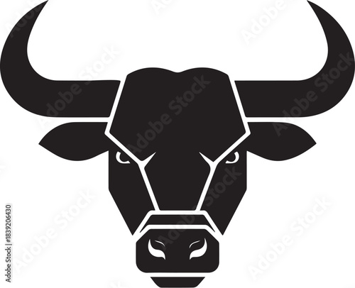 Minimalist black silhouette of a bull head with large curved horns facing forward