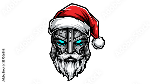 A cartoon head mascot wearing a Santa hat with a metallic face and glowing blue eyes on a white background with a festive and technological feel.