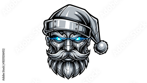 A close-up illustration of a robotic head mascot wearing a Santa hat with blue eyes on a white background.