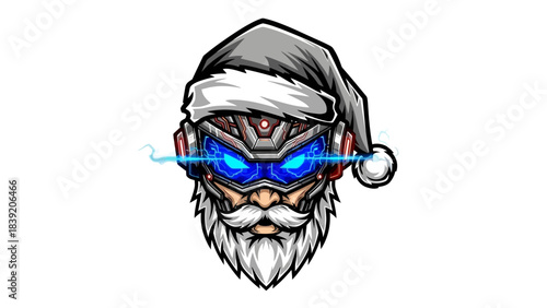 A cartoon head mascot wearing a Santa hat and futuristic blue goggles with a white background