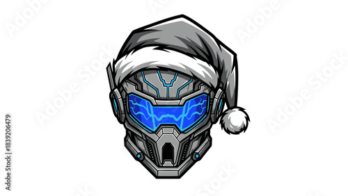 Digital illustration of a futuristic robot head mascot wearing a Santa hat on a white background with blue accents and metallic tones.