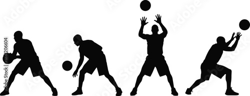 Silhouettes of basketball player actions including dribbling passing catching shooting athletic sports poses dynamic movement vector artwork for training designs