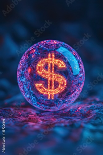 Glowing Sphere with Dollar Sign Inside, Money commerce minimal concept