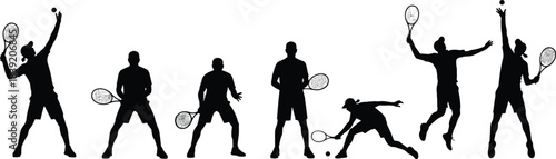 Silhouettes of tennis players practicing various strokes serving hitting reaching dynamic racket sport poses athletic movement vector illustration training actions