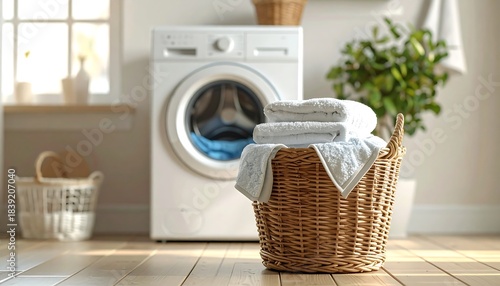 Bright, tidy laundry room scene with towels in a wicker basket and washing machine against soft beige walls