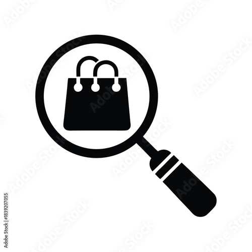 Magnifying glass reveals a simple black shopping bag icon centered and isolated