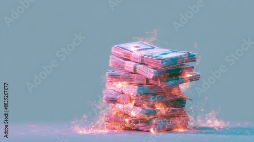 Stacks of cash burning with flames in a creative display of money