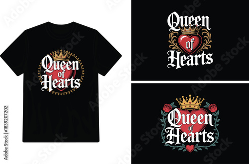 Black t shirt mockup displaying a queen of hearts themed graphic design