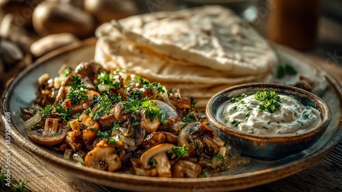 Savory mushroom dish with fresh herbs and yogurt sauce served on a wooden table