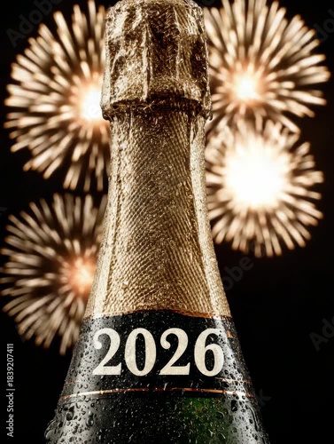 Celebration of the New Year 2026 with sparkling wine and fireworks lighting up the night sky