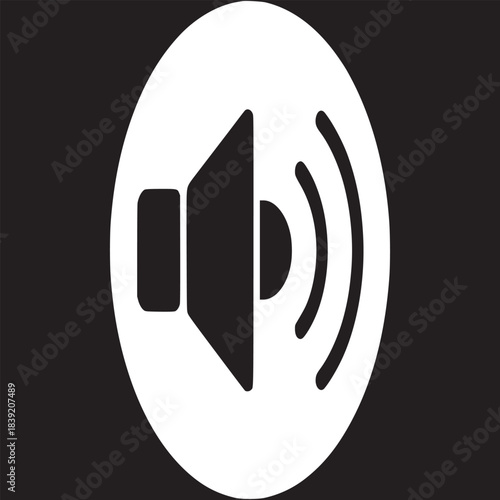 A graphic of a black speaker icon with sound waves inside of a white circle on a black background