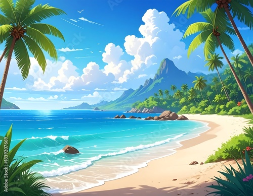 Bright tropical island scene with palm trees, ocean waves, sandy beach, and distant mountain