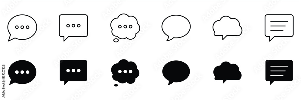 Fototapeta premium Speech bubble icon set. Outline and solid icon collection. Message, chat, dialogue icons. Talk bubbles with editable stroke. Cloud speech bubbles collection. Vector illustration.