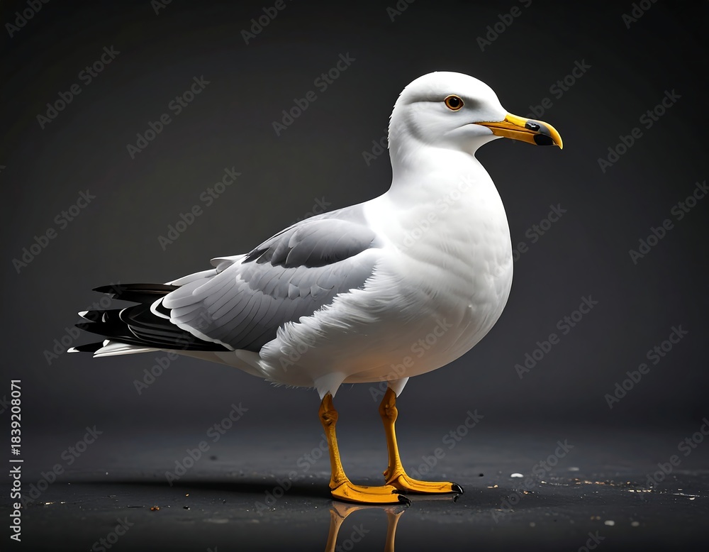 Obraz premium A detailed portrait of a seabird with stark white plumage and gray wing feathers. The bird stands poised, illuminated against a dark background