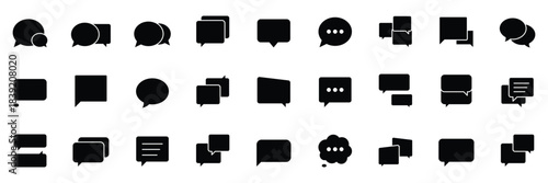 Speech bubble solid black icon set. Message, chat, dialogue icons. Chat bubble, talk bubble sign. Popup bubble icons. Cloud speech bubbles collection. Vector illustration.