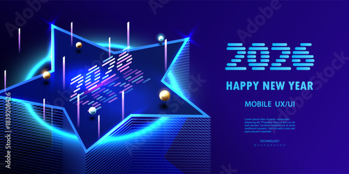 Ai Happy New Year 2026 technology and business holidays vector background. Isometric happy holiday high tech style banner. Neon star futuristic digital new year card for 2026.