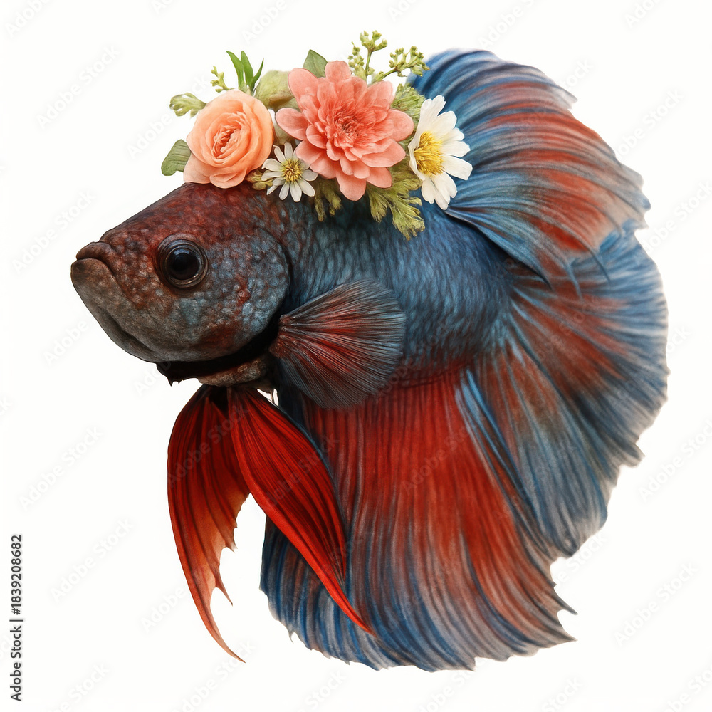Fototapeta premium Betta fish with vibrant blue and red fins adorned with delicate peach and white flowers, creating charming and artistic aquatic portrait