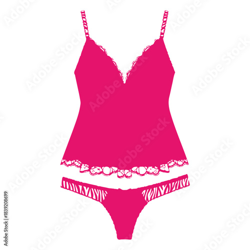 This illustration features a stylish lingerie set in vibrant pink, including a lace-trimmed camisole and matching thong. The design emphasizes elegance and femininity, making it ideal for fashion, 