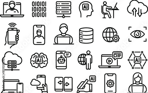 Mega Set of Artificial Intelligence and Technology Line Art Icons, Featuring AI Brains, Robots, Cloud Computing, Data Servers, Network Communication, Biometrics, and People Using Digital Devices Vecto