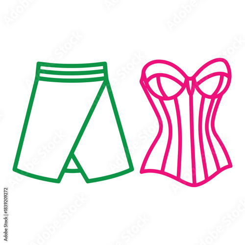 This colorful illustration showcases two distinct lingerie designs. On the left, a green wrap skirt with a minimalist, contemporary cut, offering comfort and style. On the right, a classic pink corset