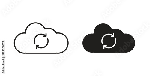 Cloud sync icons in line designs. solid silhouette style in black