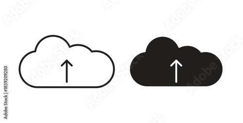 Cloud upload icons in line designs. solid silhouette style in black