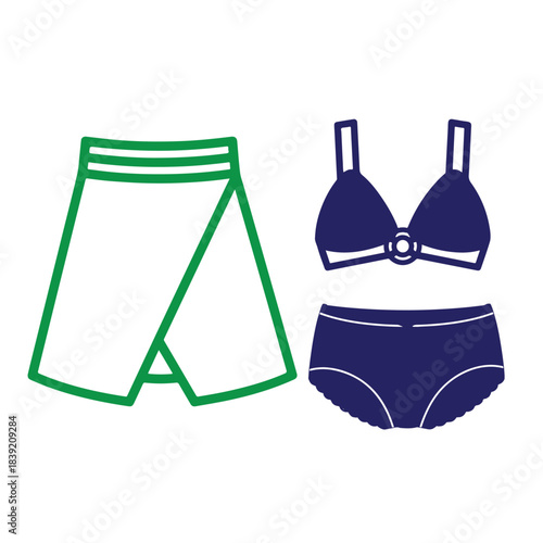 This vibrant illustration showcases a two-piece lingerie set featuring a green wrap skirt paired with a deep blue bra and matching panty. The bra has a stylish design with a central ring, and the set 