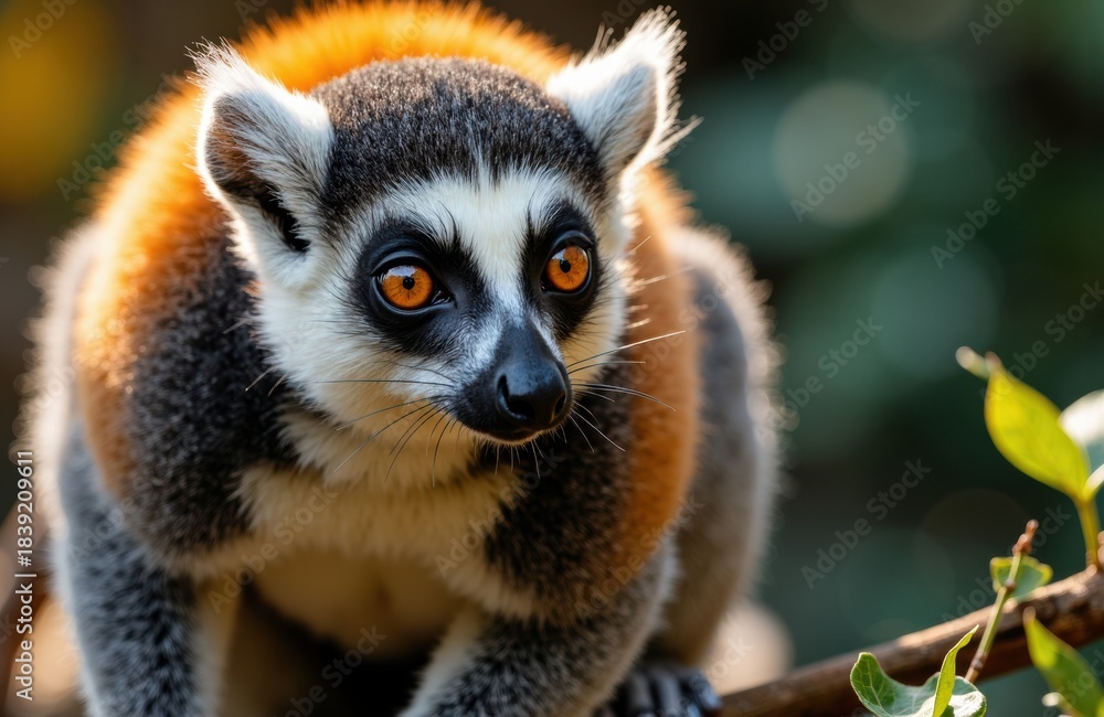 Obraz premium Lemur gazing toward the camera in a lush tropical habitat with curious eyes