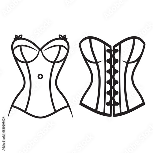 This image features two elegant corsets, each with distinct designs. The first corset boasts a sweetheart neckline with delicate detailing around the edges, offering a more classic and feminine look. 