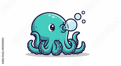 Cute cartoon octopus blowing bubbles in the ocean, aquatic animal illustration.