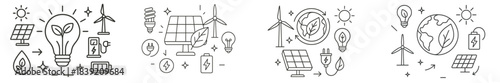 Renewable energy symbols show solar power, wind power, and eco-friendly technology for a sustainable future
