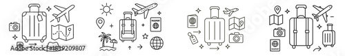 Travel illustrations show suitcase, plane, map, and travel items for vacation planning and adventure
