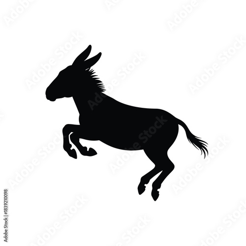 A dynamic black silhouette of a donkey or mule captured mid-jump on a white background