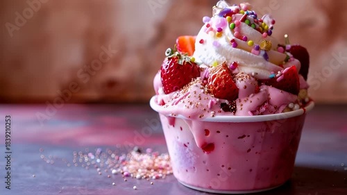 A closeup of a strawberry ice cream sundae with toppings, including whipped cream, strawberries, and sprinkles. The ice cream is a vibrant pink color, and the toppings are a mix of white, red.