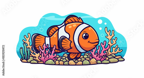 Cartoon clownfish swimming in the ocean, vibrant orange and white stripes, smiling happily.