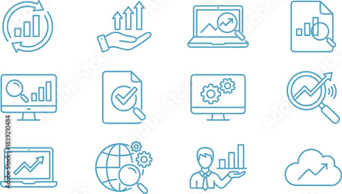 analytics, data, growth, business magnifying, laptop, document, gear, system, verification, presentation, intelligence, automation, analysis - vector illustration