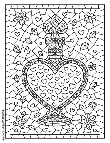 Stained glass heart bottle with intricate floral and geometric patterns for coloring