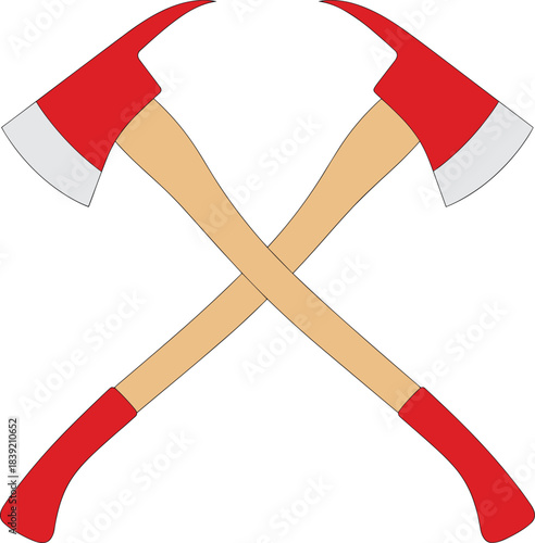 Crossed axes icon, firefighting symbol, lumberjack tool, red silver blades, emergency gear, forest work, vector graphic, isolated, bold colors, symmetrical design,
