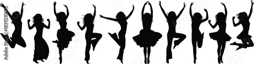 Dance silhouette, jumping pose, expressive motion, energetic figures, celebration moment, diverse dancers, artistic movement, joyful leap, freedom gesture, vector illustration