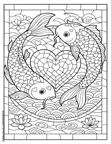 Stained glass style two koi fish forming heart shape with lotus flowers
