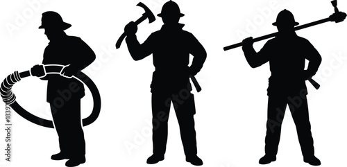 Firefighter silhouette, emergency response, fire rescue team, protective gear, fire axe, hose, Halligan bar, helmet, teamwork, vector illustration