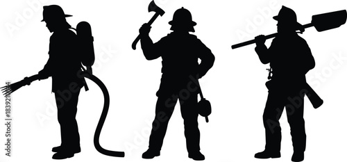 Firefighter silhouette, emergency response, fire rescue team, protective gear, firefighting tools, axe, hose, shovel, helmet, vector illustration