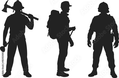 Firefighter silhouette, hiker figure, soldier pose, emergency gear, tactical outfit, walking stick, axe carrier, helmet profile, vector illustration