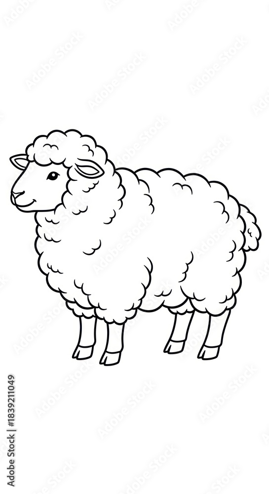 Obraz premium Simple black and white art drawing of a fluffy sheep in cartoon style, perfect for a coloring page or kids' craft